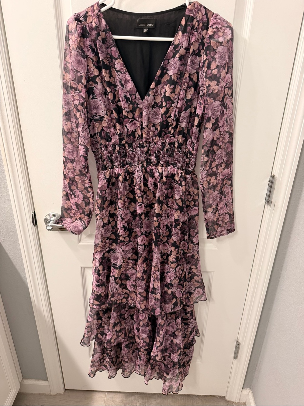 Lucy Paris Purple Floral Long-Sleeve Tiered Midi Dress